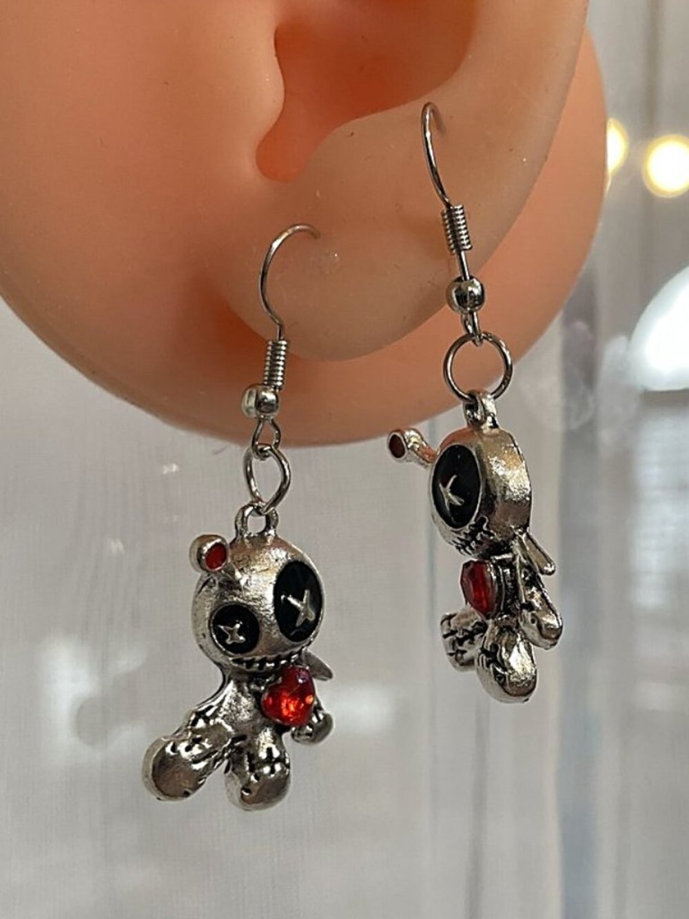 Spooky Punk Goth Grunge Voodoo Doll Rhinestone Heart Dangle Earrings | Stainless